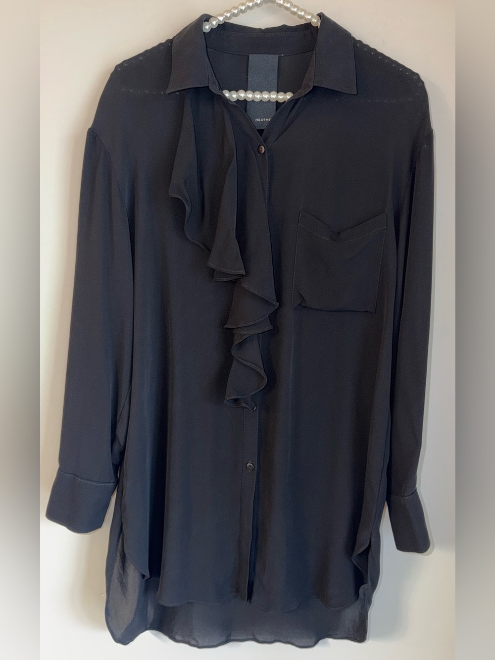 Heather 100% Silk Ruffle Front Button Up Blouse Black Long Tunic No Size Tag